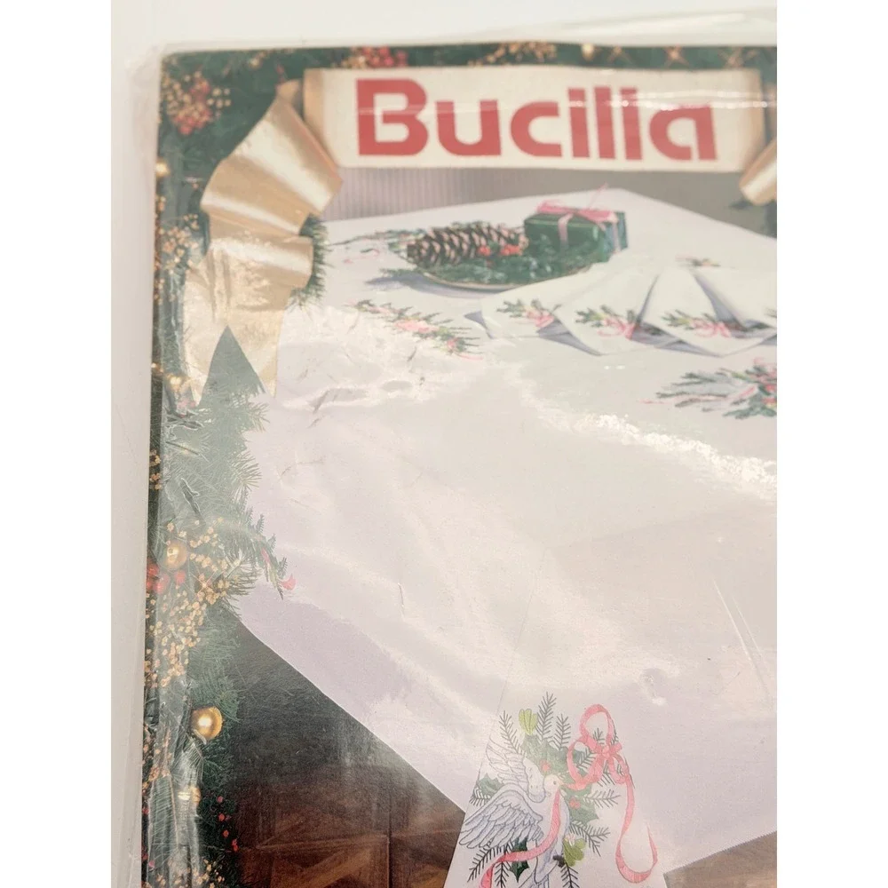 Bucilla Doves & Holly Stamped Embroidery Tablecloth Kit 60x90 Vintage 83059